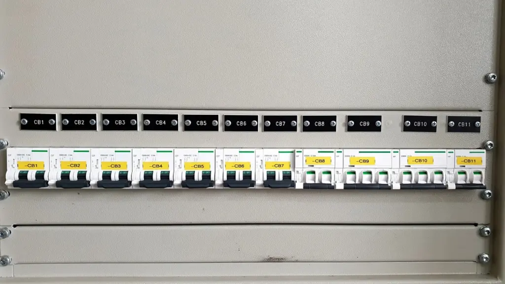 Fileira de disjuntores identificados em um quadro elétrico